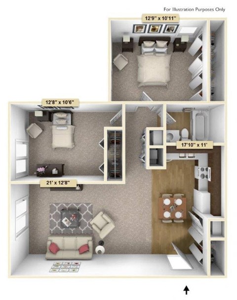 Floor plan for 2 beds, 1 bath, 1000 sqft